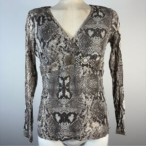Esprit Brown and Gray Snakeskin Y2K V-Neck Blouse L